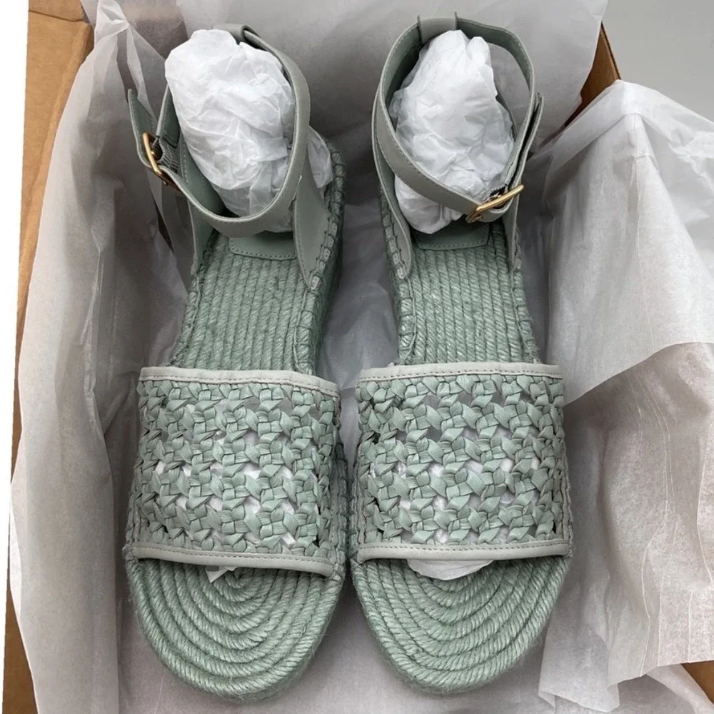 Tory Burch Selby Sage Green Woven Leather Espadrille Wedge Sandals Size 12